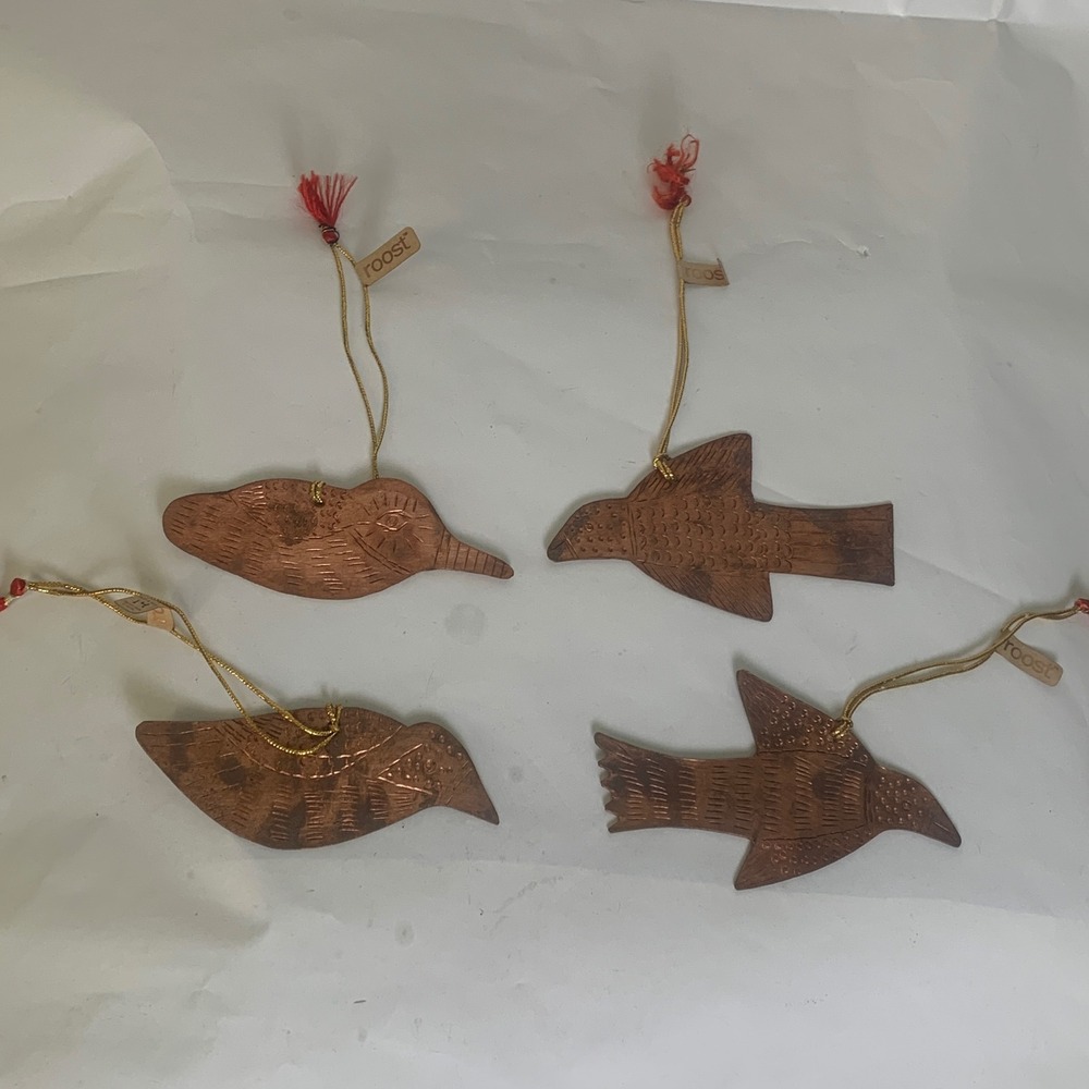 Roost Ornaments Set of 4 OS Etched Copper Birds Brown Handmade India